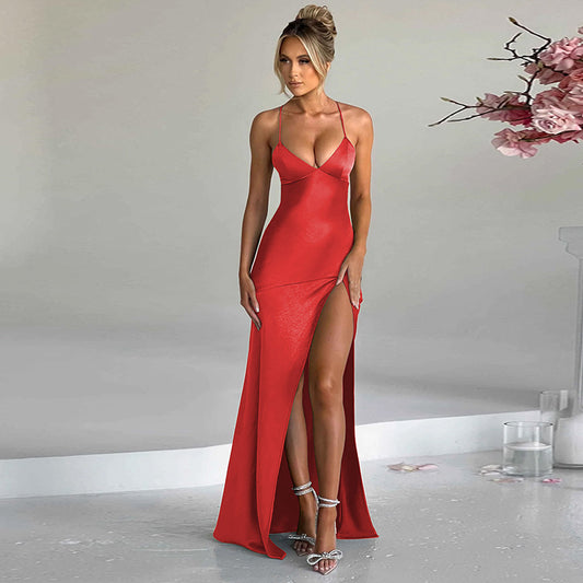Backless V-Neck Tie-Lace Slit Dress