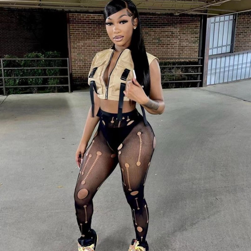 High Waist Mesh Hollow Out Cutout Ripped Sexy Slim Fit Pantyhose Women Clothing (7525024301144)