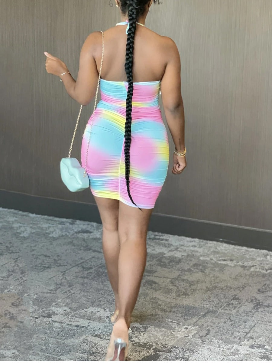 Plus-Size Internet Celebrity Type Cut-Out Printed Pleated Sheath Dress (7516662857816)