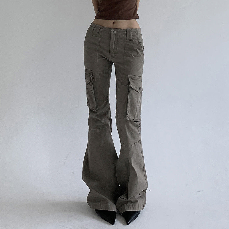 Patchwork Split-Pocket Low-Waist Cargo Denim Jeans