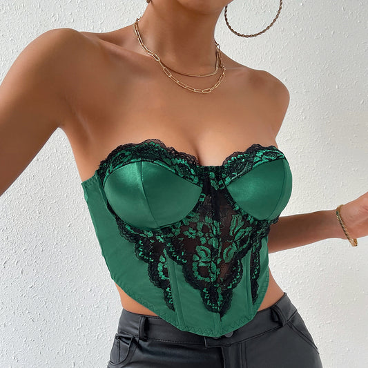 Emerald Lace - Emerald Color Matching Corset Slim-Fit Tube Top Crop-Top (7517948313688)