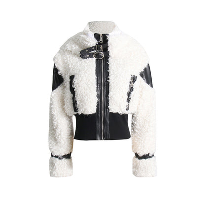 Faux Leather Lamb Wool Outer-Stitching Jacket Coat