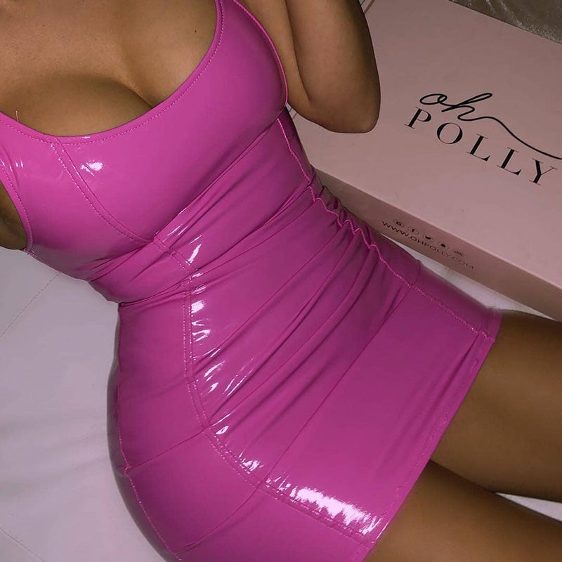 Metallic Solid Color Sling Leather Sleeveless Dress (7517616701528)