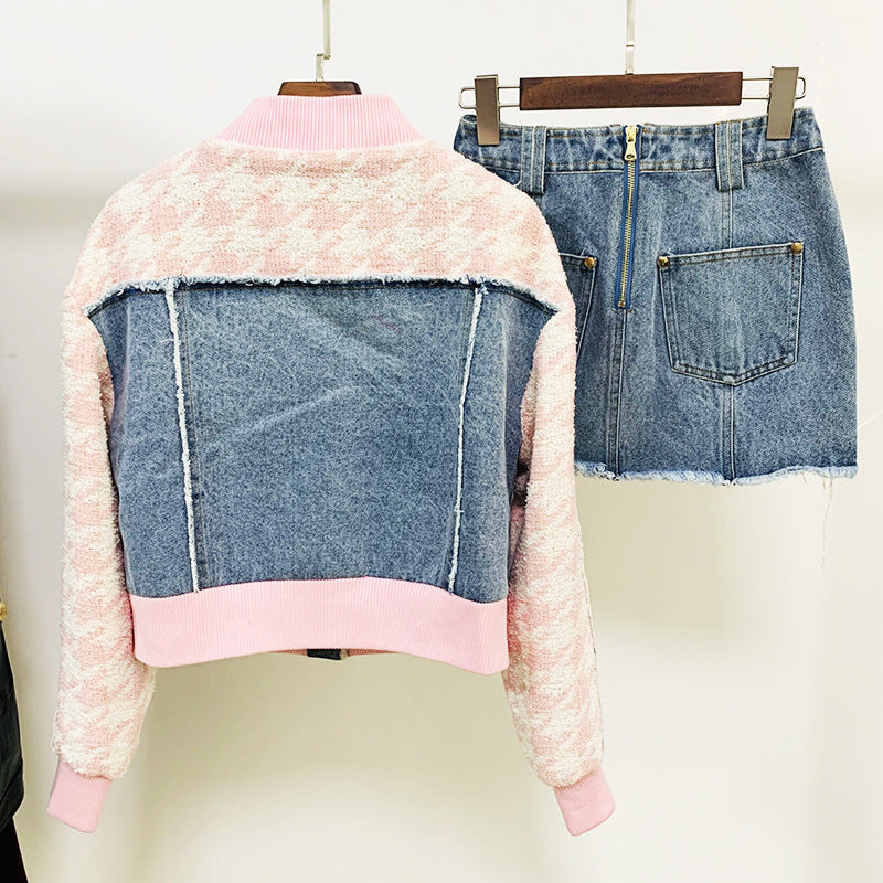 Houndstooth - Denim Fringe Jacket Coat Skirt Two-Piece Set (7519157944408)