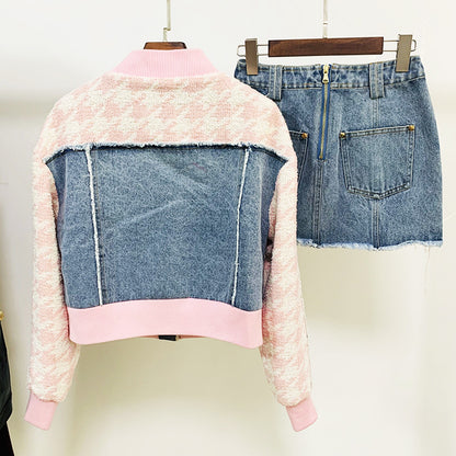 Houndstooth - Denim Fringe Jacket Coat Skirt Two-Piece Set (7519157944408)