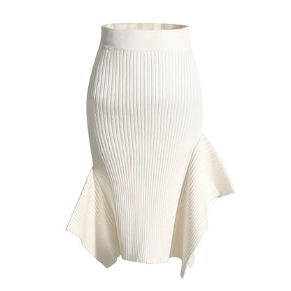 Solid Color Asymmetrical Stitching Knitted Sheath Fishtail Skirt