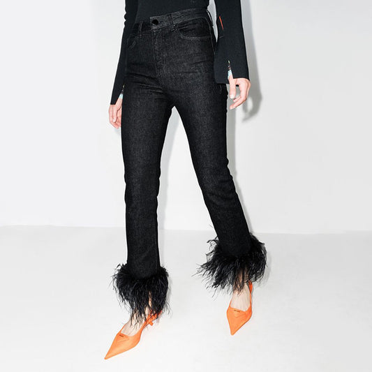 Ostrich-Feather Stitching Straight Leg Denim Jeans