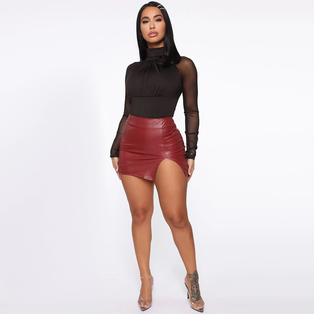 Hip-Wrapped Faux Leather High-Waist Zipper Skirt