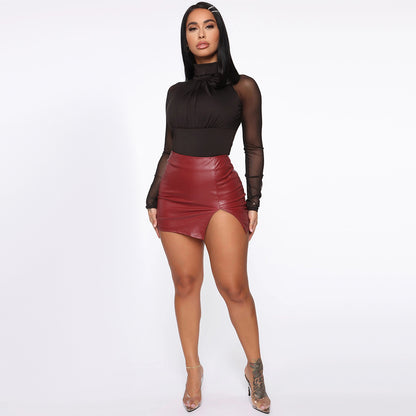 Hip-Wrapped Faux Leather High-Waist Zipper Skirt