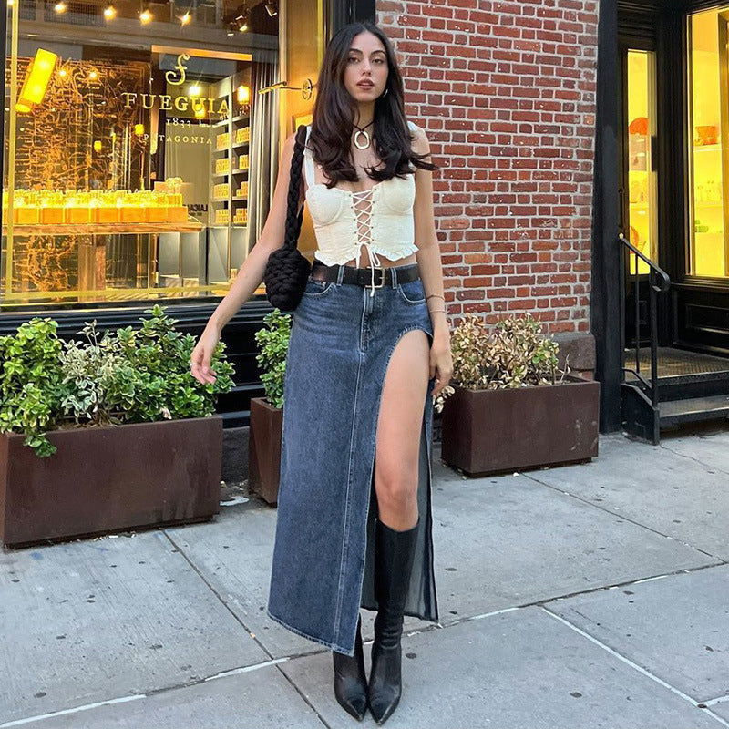 Slim-Fit High-Slit Hip-Wrapped Denim Jeans Skirt (7524819632216)