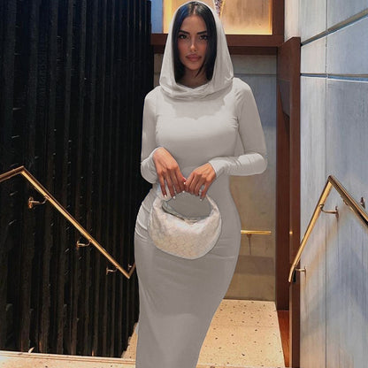 Hooded Dress - Slim-Fit Back-Slit Solid Color (7516658925656)