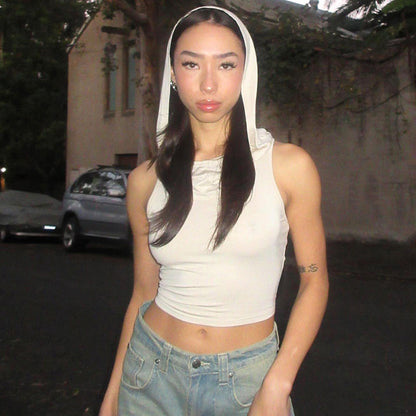 Solid Color Sleeveless Hooded Hollow-Out Cut-Out Vest Top Crop-Top