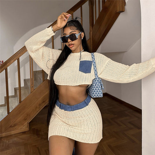 Denim Collage - Long-Sleeves Sweater Knit Skirt Set (7520598261848)