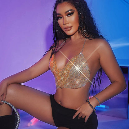 Rhinestones Vest Diamond Chains Halter Stitching Vest Top
