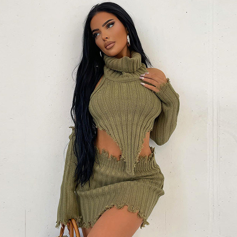 Solid Color Turtleneck Knitting Backless Sweater Hip Skirt Two-Piece Set (7524290134104)