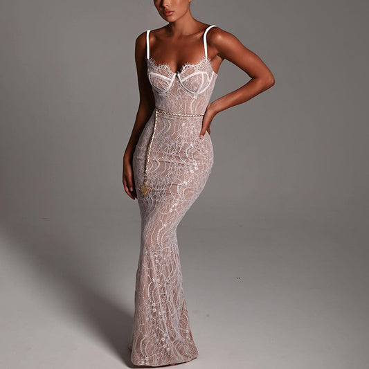 Stitched Backless Lace - Sleeveless Split Maxi Dress (7516660170840)
