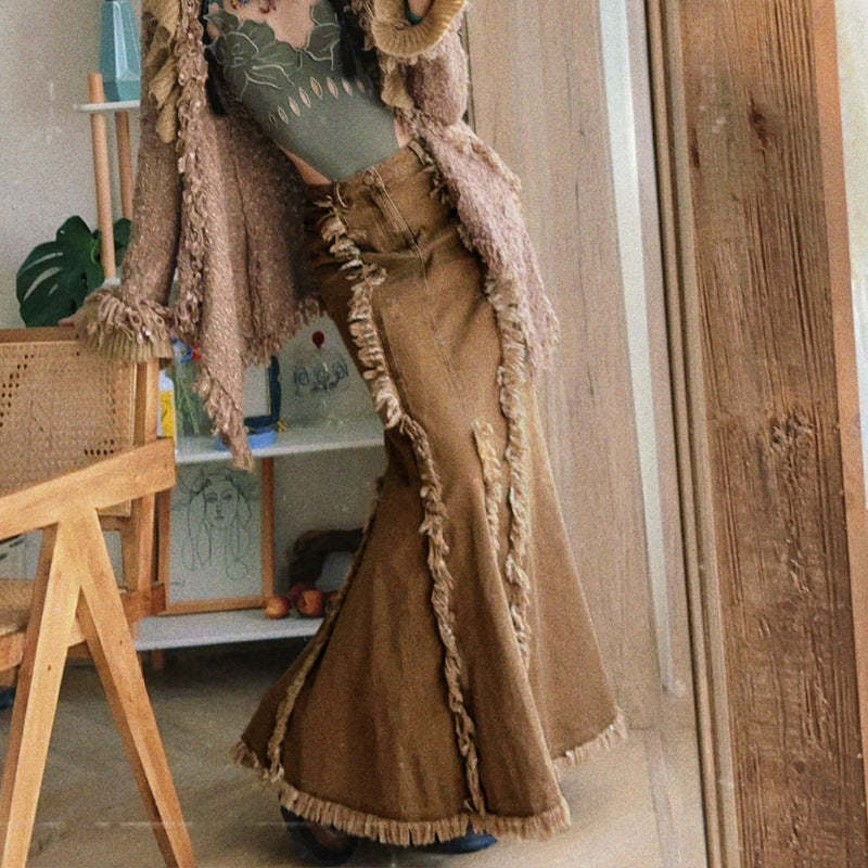 A-Line Sheath Fishtail Tassel High-Waist Brown-Washed Asymmetrical Denim Skirt