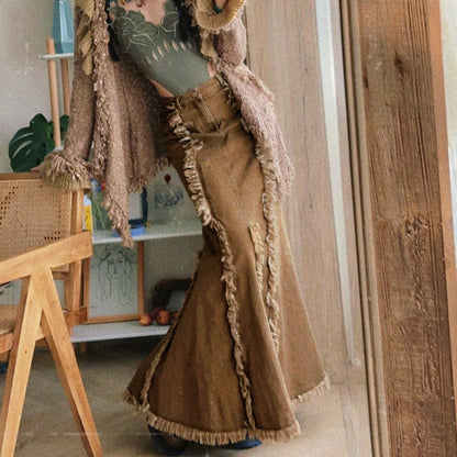 A-Line Sheath Fishtail Tassel High-Waist Brown-Washed Asymmetrical Denim Skirt