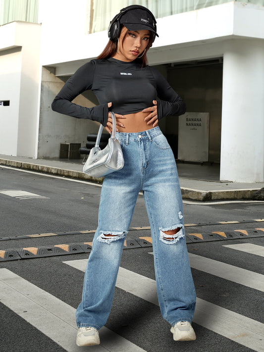Wide Leg Straight Leg Distressed Denim Jeans