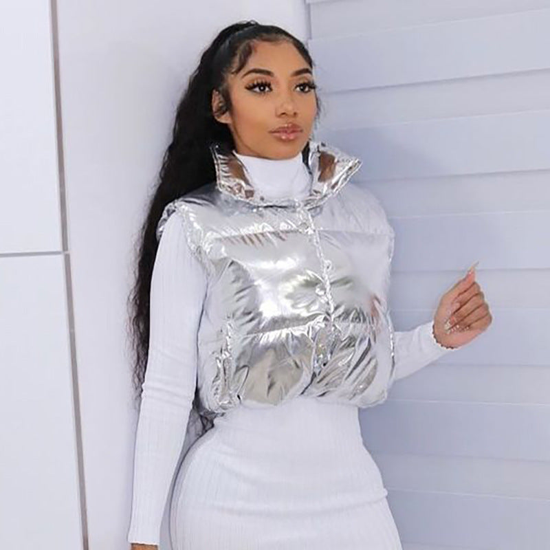 Metallic Stand-Collar Padded Vest Coat (7516521201752)