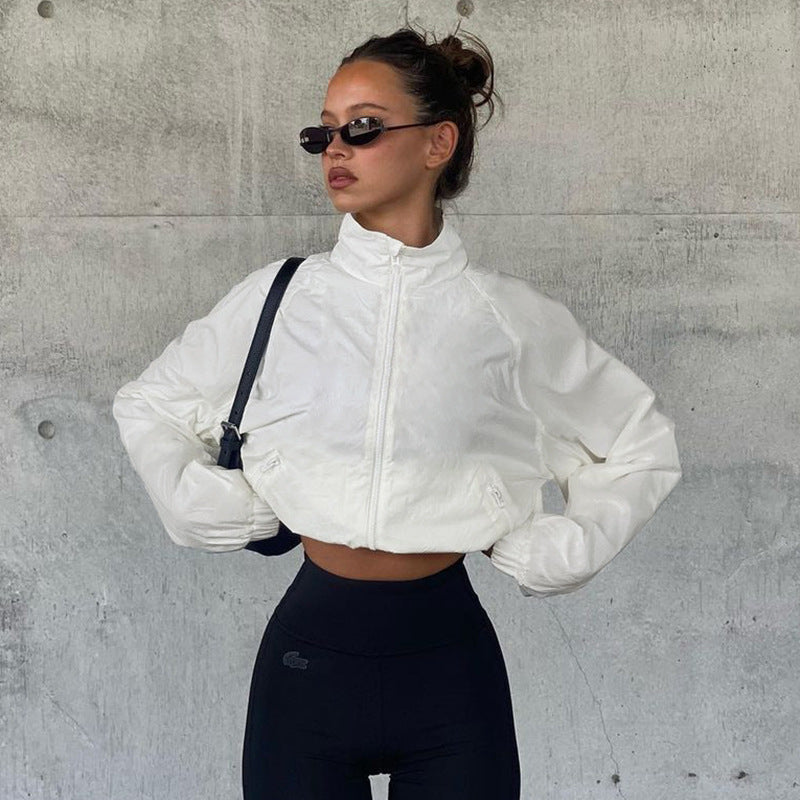 Sports Waist-Tight Turtleneck Long Sleeves Cardigan Crop-Top (7524754620504)