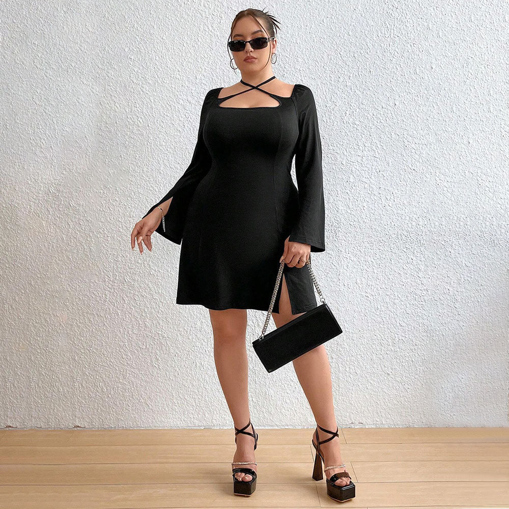 Plus-Size Long-Sleeves Tie-Back Tight Dress (7516664168536)