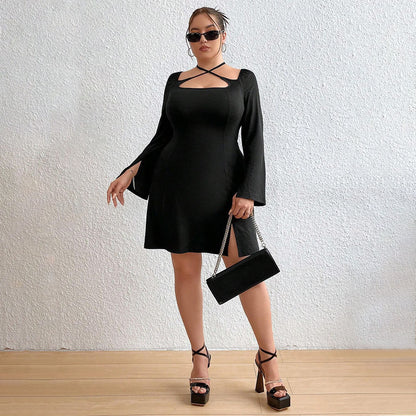 Plus-Size Long-Sleeves Tie-Back Tight Dress (7516664168536)