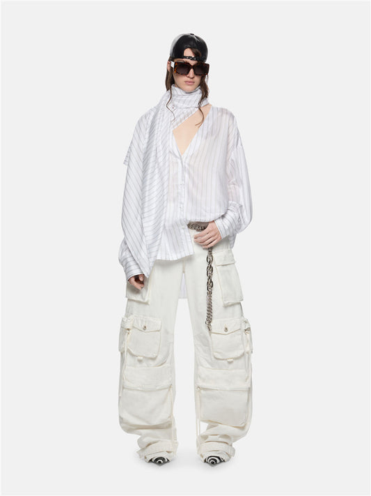 Industry Distressed-Washed Multi-Pocket Wide Leg Workwear Denim Jeans