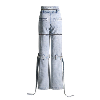 Niche Patchwork Pockets High-Waist Straight Leg Denim Jeans