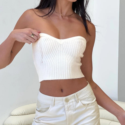 Strapless Knitted Hollow-Out Cut-Out Wool Vest Crop-Top