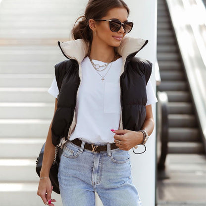 Double-Sided Cotton-Padded Stand-Collar Vest Jacket