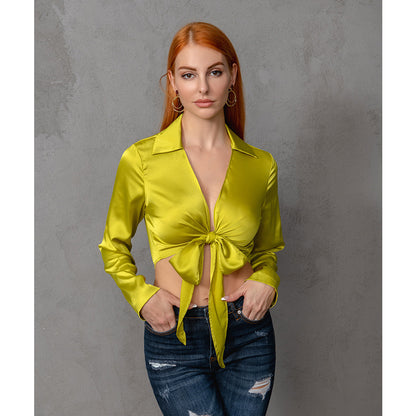 Blouse - Bow-Bundle Long Sleeved V Plunge Blouse Top (7518694735960)
