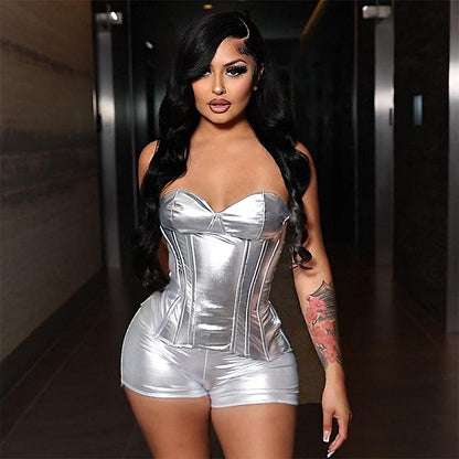 Metallic Gold/Silver Coated Fabric Faux Leather Body Shaping Tube Top Casual Shorts Two-Piece Set (7517617913944)
