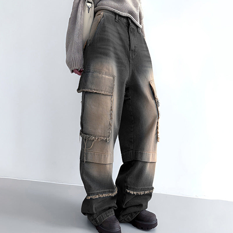 Distressed Frayed-Stitching Mid-Waist Beggar Pockets-Split Denim Jeans