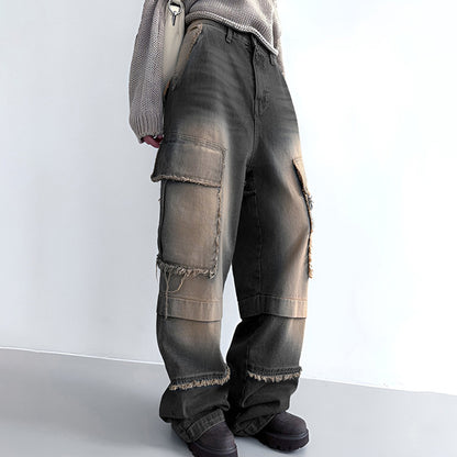 Distressed Frayed-Stitching Mid-Waist Beggar Pockets-Split Denim Jeans