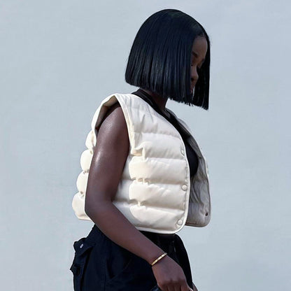 Solid Color Slim-Fit Sleeveless Snap-Round Cotton-Padded Vest Jacket