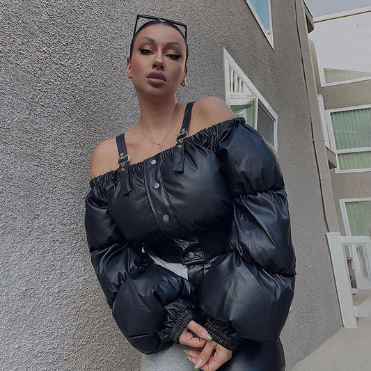 Jacket So Comfy - Adjustable Shoulder Straps Off Neck Puff Sleeve Waist Trimming Short Cotton Padded Jacket (7516641329240)