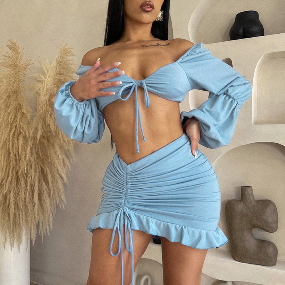 Hollow-Out Cut-Out Drawstrings Corset & Skirt Two-Piece Set (7524290166872)