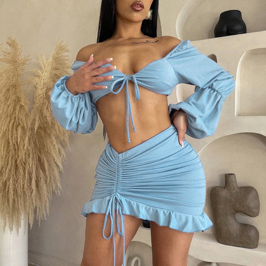 Hollow-Out Cut-Out Drawstrings Corset & Skirt Two-Piece Set (7524290166872)