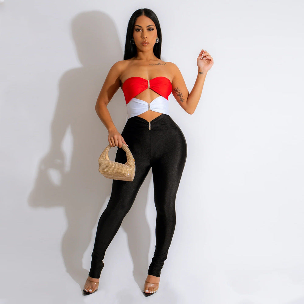Splice - Color Contrast Splicing Solid Color Tube Top Slim-Fit Bodysuit (7517921640536)