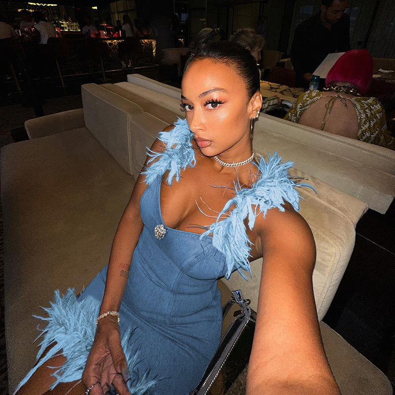 Denim & Fur - Elegant Slim-Fit Furry Denim Dress (7516661448792)
