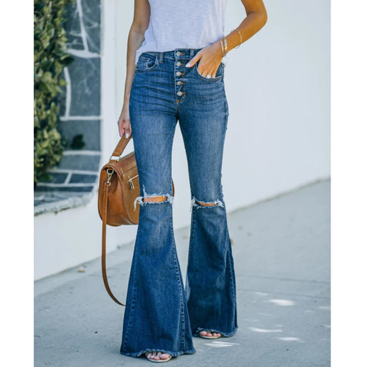 Dark Color Mid-Waist Skinny Wide Leg Denim Jeans