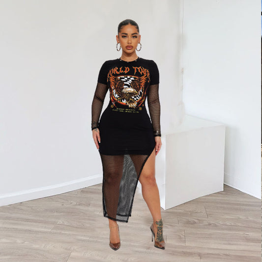 WORLD TOUR Round-Neck Long Sleeves Mesh Hollow Out Cut-Out Dress (7516661809240)