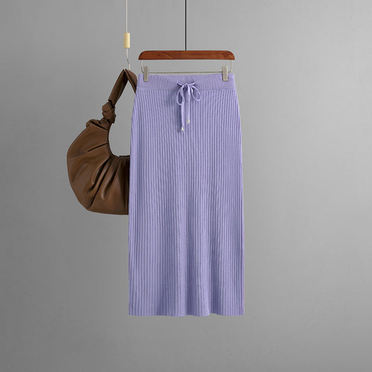 Solid Color Mid-Length Knitted Wool Skirt