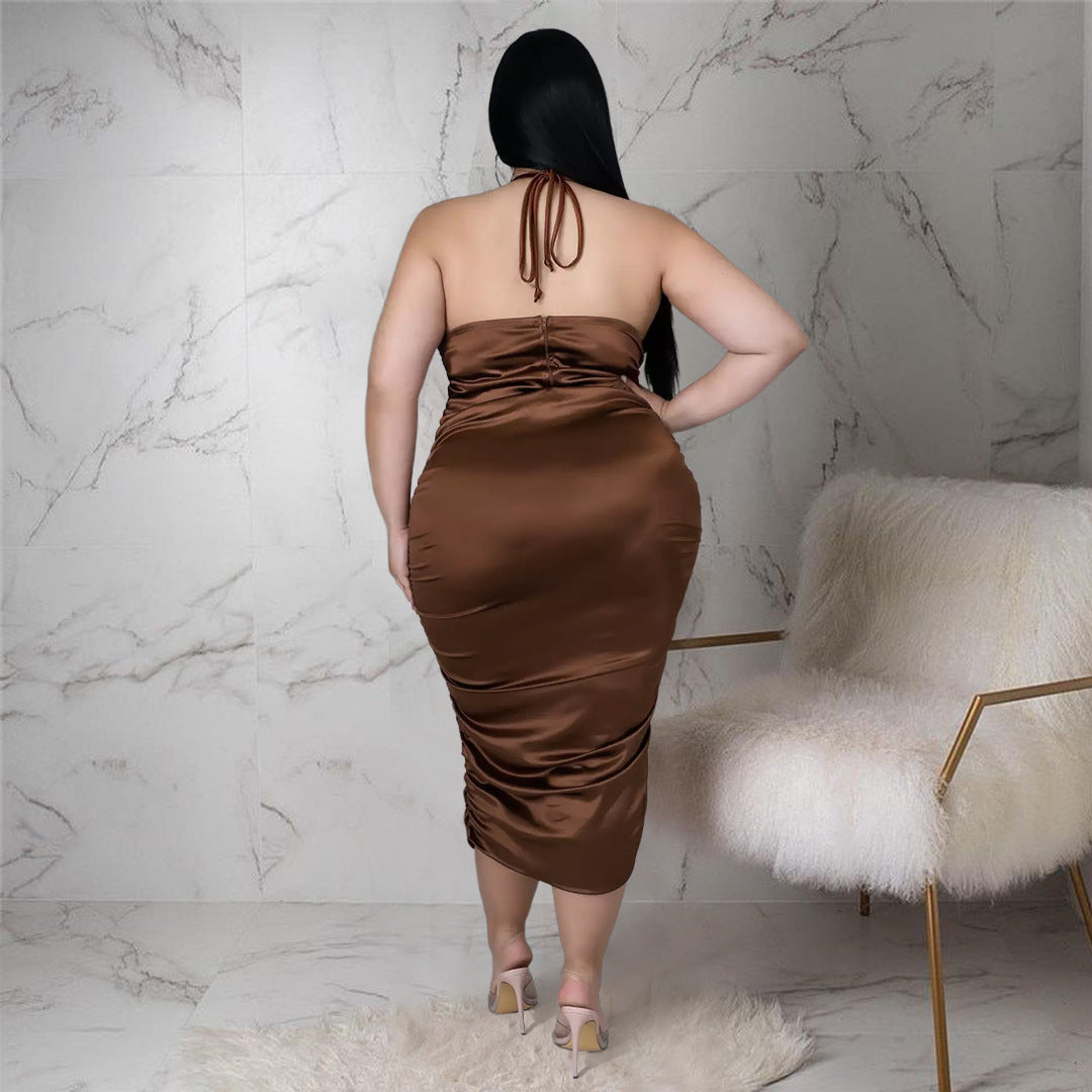 Plus-Size Halter Lace-Up Pleated Zip-Up Glossy Dress (7516663447640)