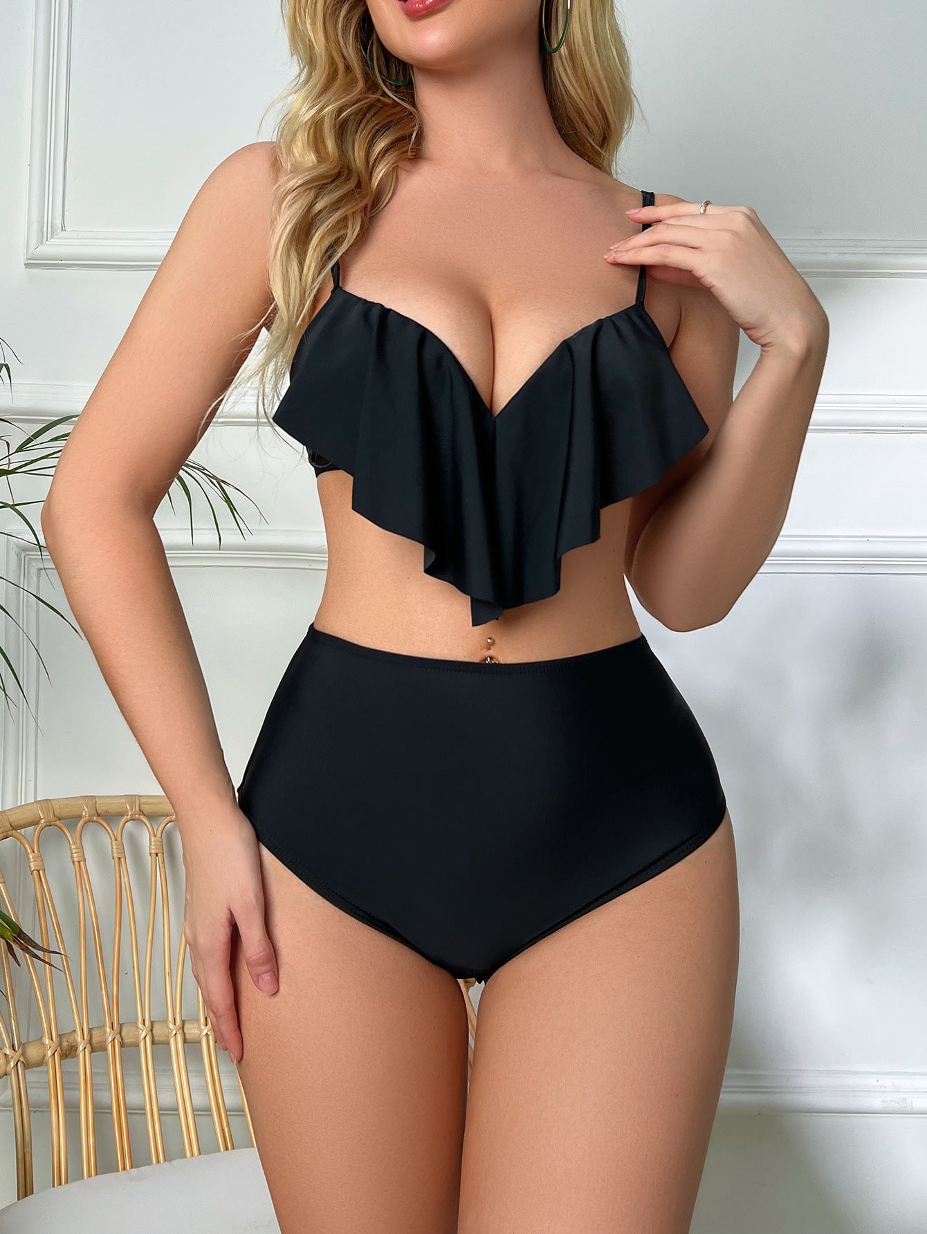 Ruffles Detail - High-Waist Lace-Up & Front Detail Bikini (7516582608984)