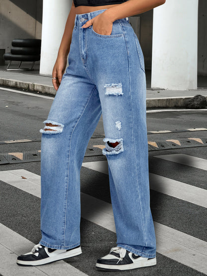Distressed High-Waist Straight Leg Denim Jeans