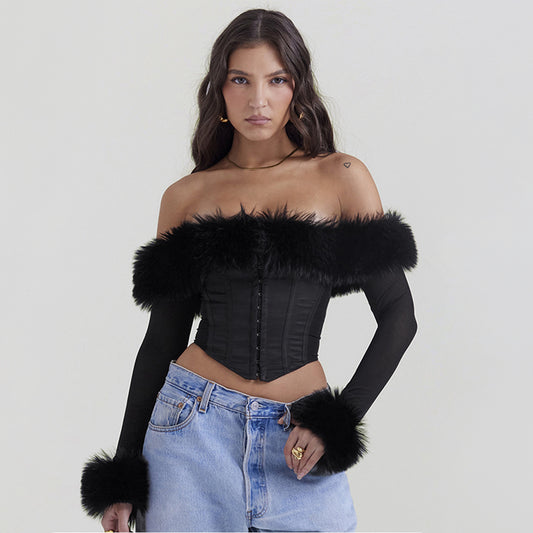 Fur Colla - Fur Collar Off-Shoulder Slim Corset Crop-Top (7516561539160)