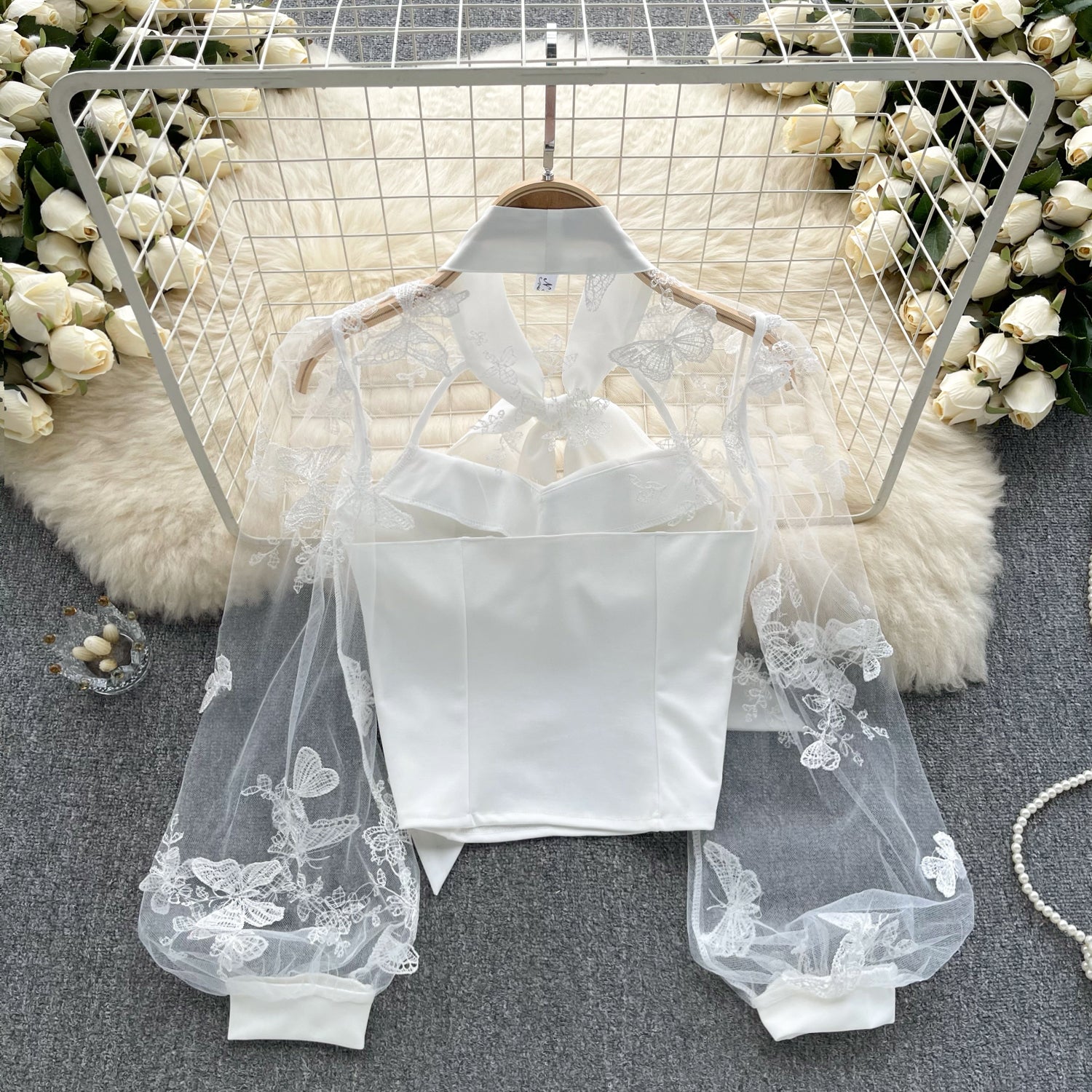 French Bow - Embroidered Mesh Puff Sleeves Top (7518694670424)