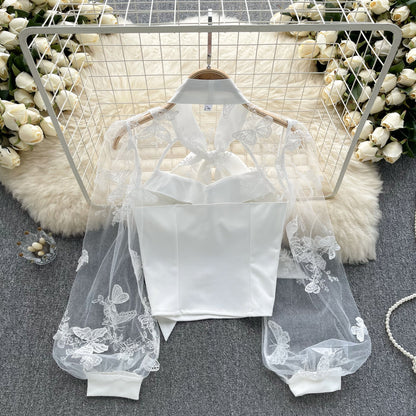 French Bow - Embroidered Mesh Puff Sleeves Top (7518694670424)